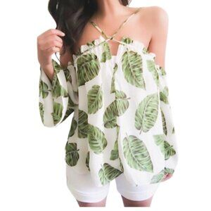 Off Shoulder Tropical Leaf Print Blouse White Green Vacation Top M